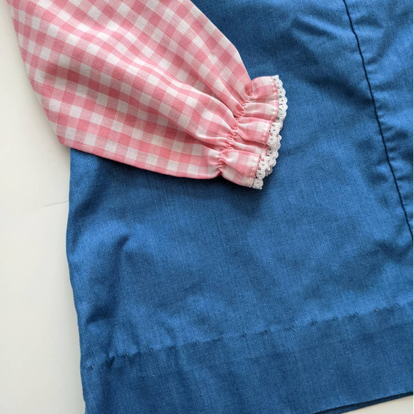 Vintage Girl's Jumper Dress Pink Gingham & Blue Cute Embroidered Mouse Detail - Picture 8 of 10